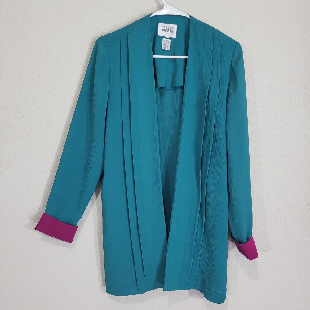 VTG Blazer Leslie Fay Women Small Petite 90s Color block Teal Pink Lightweight